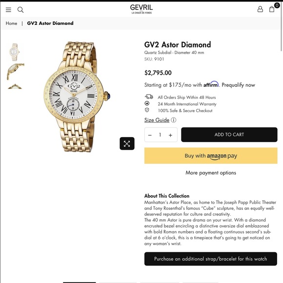 GV2 Astor Diamond Quartz Subdial- Diameter 40mm - Picture 9 of 15